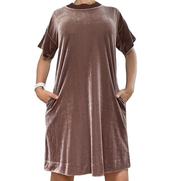 Laju Womens Dress Large L Brown Velvet Short Sleeves Knee Length - Picture 2 of 10